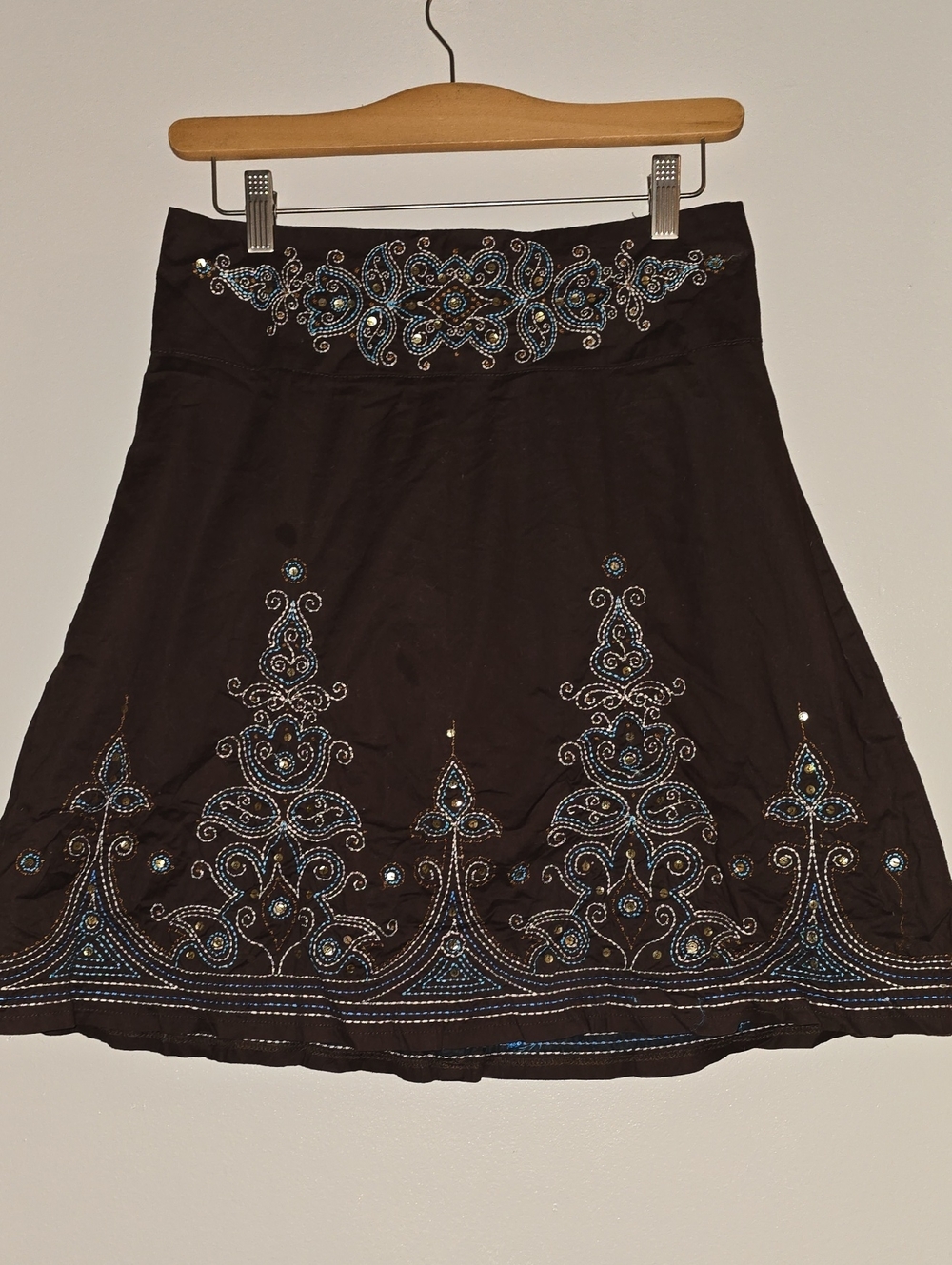 Embellished Black A-Line Skirt with Blue Accents